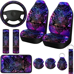 10 Pcs Purple Colorful Owl Car Seat Covers Set Car Steering Wheel Cover - Picture 1 of 8