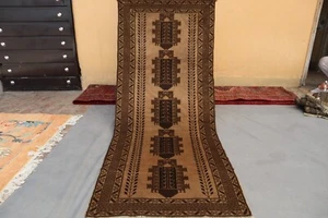 2x6 Vintage Baluchi Runner Rug - Tribal Afghan Wool Rug - Dark Brown Geometric. - Picture 1 of 9