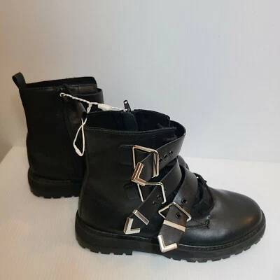 Zara Black Leather Ankle Boots Buckles Faux Pearls Womens Size 37 - Image 1 of 4