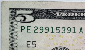 $5 Bill Serial Number REVERSE Tombstone Double Years 1935 1992 - PE 29915391 A - Picture 1 of 3