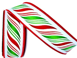 Christmas Red Green Candy Cane Wavy Stripes 1.5" x 5 yds Wired Ribbon Glitter - Picture 1 of 4