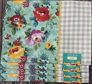 Pionierin Frau Süße Romantik Tischsets Wende Blumen Grau Kariert 4er Set Neu - Bild 1 von 5