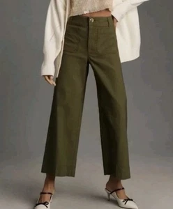 Maeve The Colette Wide Leg Cropped High Rise Pant Sz 31 Army Green Linen Blend - Picture 1 of 18