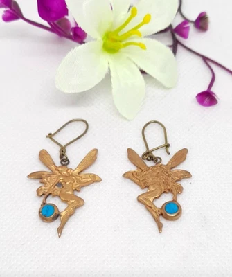 Ohrhänger Messing golden "Elfen" mit Türkis 4,5 x 2 cm Vintage - Bild 1 von 2
