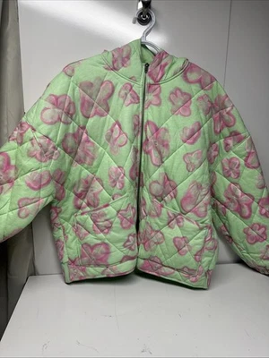 Wild Fable Quilted Full-Zip Hooded Jacket Size XXL Mint Green Pink Flower Coat - Image 1 of 4