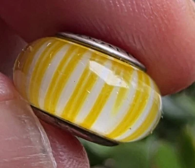 ~PANDORA~STERLING~SILVER~MURANO~GLASS~YELLOW~CANDY~STRIPES~BEAD~BRACELET~CHARM~ - Image 1 of 4