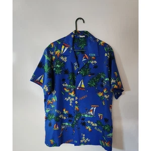 Camisa Hawaiana Vintage Años 70 Velero Azul Nativo Hawaiano Abotonada Talla XL - Imagen 1 de 3