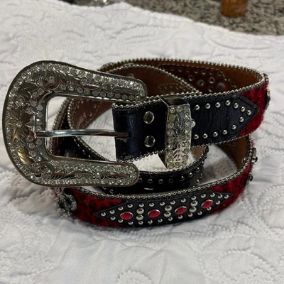 Cinturón cruzado Nocona Belt Co. N3498864 terciopelo rojo estampado de leopardo tachonado estrás Foto 1 de 4