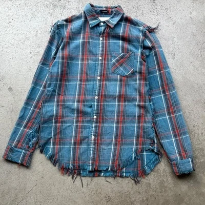R13 日本棉蓝色格子碎缝酶格子纽扣垃圾衬衫 — 第 1/4 张图片