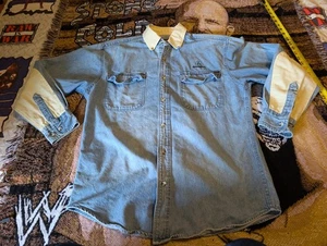 Vintage Remington Denim Shirt Blue Button Down Shooting Patches Faded Large - Picture 1 of 18