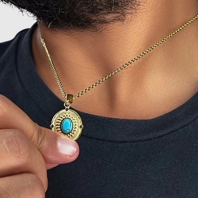 Natural Turquoise Blue Gemstone Pendant & Necklace Boho Jewelry 18k Gold - 20” - Image 1 of 4