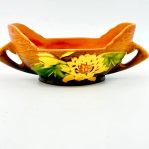 Vintage Roseville USA Water Lily Brown Oval Handled Bowl 439‑6 1940s Art Pottery - Picture 1 of 13
