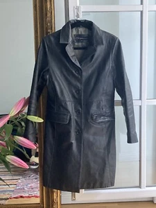 Vintage LEATHER COAT JACKET, Black White Stitching, Mid Long Emo Gothic retro - Bild 1 von 9