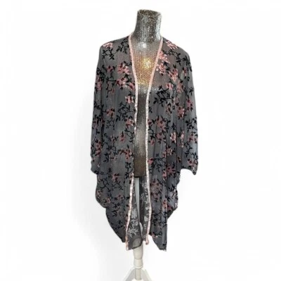 Fairy Grunge Whimsigoth Pink Floral Velvet Burnout Kimono Duster OS Gothic - Image 1 of 4
