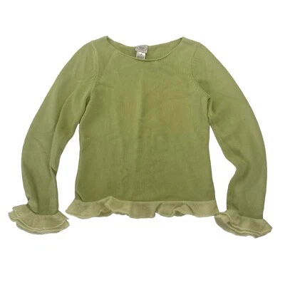 VTG Talbots Kids Green Cable Knit Sweater Ruffle Hem Sz 14 Pullover 100% Cotton - Image 1 of 4