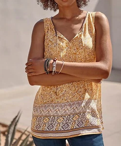 NWT J Jill Canyon Border Print Paisley Top Tencel Lyocell Gold Purple $69 Sz LP - Picture 1 of 12