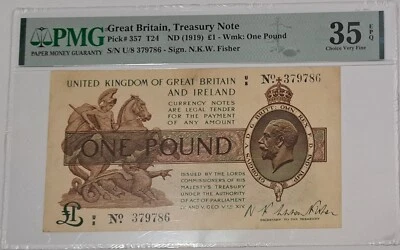 1919 Great Britain KQ V One Pound Treasury Note SN # U8379786 PMG 35 EPQ *RARE* - Image 1 of 4
