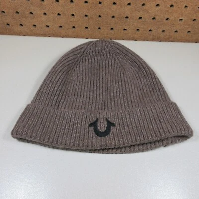 True Religion 男式保暖棕色袖口针织羊毛羊绒套头帽 OS 二手状况完好 — 第 1/4 张图片