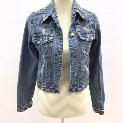 Paris Angel Jeans Y2K Distressed Cropped Denim Jacket Size Small - Image 1 of 4