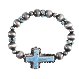 Pulsera elástica cruz turquesa enchapada en plata con cuentas y puños navajo occidental - Imagen 1 de 1
