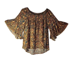 Woman's Gold & Black Paisley Boho Peasant Top Sz L Smocked Neck & Bell Sleeves - Picture 1 of 3
