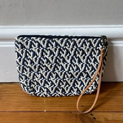 Joules Purse Leather Wristlet Blue Clutch Woven Zip Up Pouch Make Up Cosmetic - Image 1 of 4