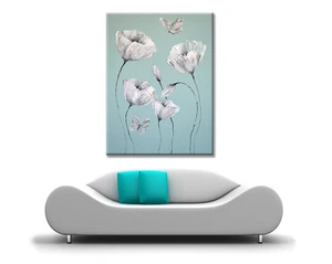LARGE WHITE FLOWER BUTTERFLY PICTURE ZEN CANVAS WALL ART PRINT DUCK EGG BLUE NEW - Picture 1 of 3