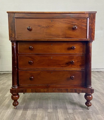 Antique American Empire Burled Wood Four Drawer Chest of Drawers Cover