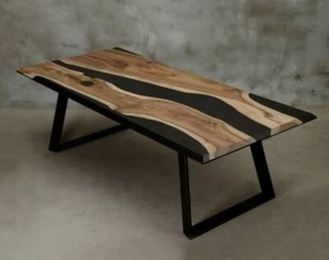 60"x30" Custom Black Epoxy Resin Wooden River Style Centre Dining Table Top - Picture 1 of 3