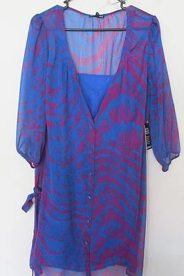 Nueva blusa túnica Express para mujer azul y púrpura camisa transparente estampado animal ~ mediana Foto 1 de 4