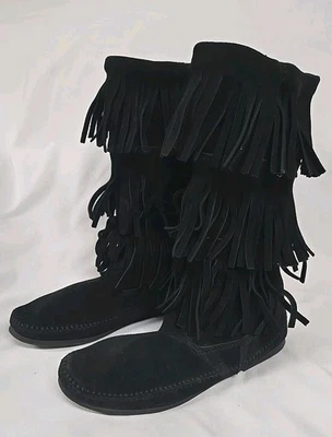 Botas de moda Minnetonka para mujer talla 10 negras gamuza cremallera flecos 15" media pantorrilla Foto 1 de 4
