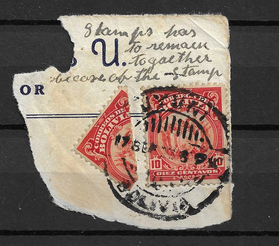 Bolivia 1922 Sc 121 half used on cover fragment - Image 1 of 1