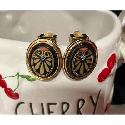 Michaela Frey Team MFT vintage oval clipon earrings gold tone enamel design - Image 1 of 4