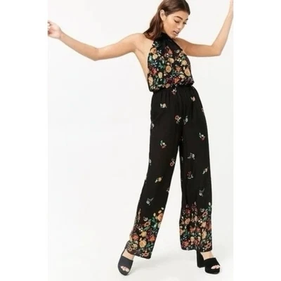 Mono Forever 21 Floral Oscuro Pierna Ancha Cuello Halter Espalda Abierta Para Mujer Talla Pequeña Foto 1 de 4