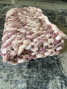 Hand Knitted Jumbo / Chunky Yarn- 22” W X 37 L Baby Blanket / Throw. Comfy Warm - Picture 1 of 2