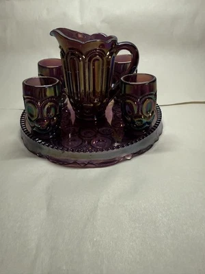 Moon and Star Amethyst Carnival Glass Mini Water Pitcher Set w Underplate - image 1 of 4