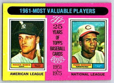 1975 Topps Roger Maris/Frank Robinson #199 1961 Jugador Más Valioso Salón de la fama sin pliegues Foto 1 de 2