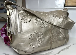 Elliot Lucca Metallic Leder Handtasche hellgold Hobo Chic 14x9 Ziernaht - Bild 1 von 24