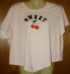 Social Scene Women's Crop Top Sz 1X SS Sweet Cherries Pink Handkerchief Hem NWT - Picture 1 of 6
