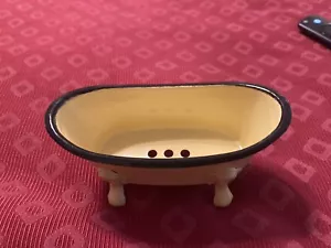 Yellow ENAMEL Bath Tub Soap Dish w Feet Black Trim 5 1/2" Free Shipping - Picture 1 of 4