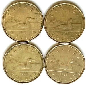 VINTAGE 1988-89 LOT OF 4 ONE CANADA DOLLAR CIRCULATED COINS  - Picture 1 of 2