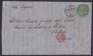 1862 1/- Green SG71 Liverpool to Bilboa Spain via France Fine Used Cat. £425.00 - Picture 1 of 2