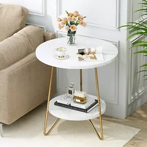 White Small Side Table Round Modern End Table with Marble Tabletop Bedside Table - Picture 1 of 12