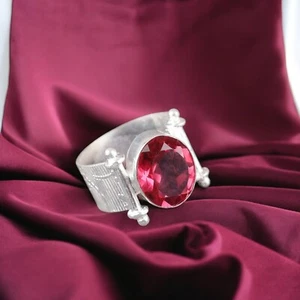 925 Sterling Silver Natural Pink Tourmaline Gemstone Handmade Ring All Size DE - Picture 1 of 12