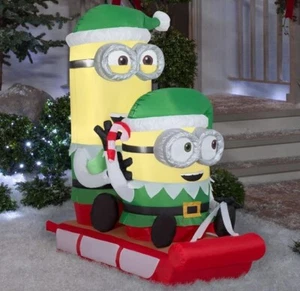 🎄 Gemmy 4,5 Fuß luftgeblasen aufblasbar - Minions Kevin & Bob auf Schlitten Szene #117237 - Bild 1 von 7