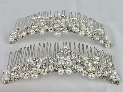 2 Bridal Hair Combs Rhinestones Pearl-like Beads Headpiece Accessory Silver - Image 1 of 4