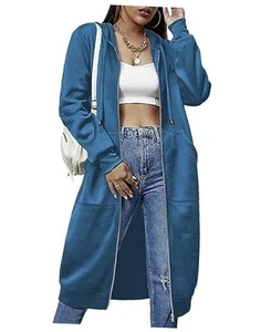 Women Casual Zip up Fleece Hoodies Tunic Sweatshirt Long Hoodie Small Blue - Picture 1 of 7