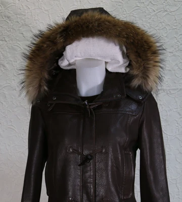 Chaqueta de cuero marrón Andrew MARC NY para mujer (M) capucha de piel de mapache; OW 02 Foto 1 de 4