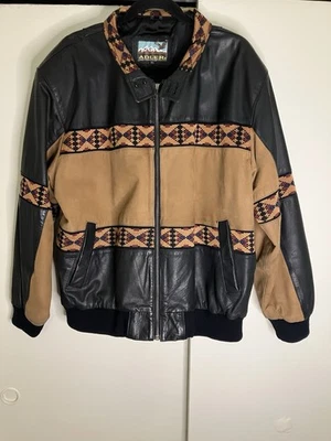 ADLER Men’s XL Vintage Leather Western Aztec Southwest Print Bomber Jacket - Image 1 of 4