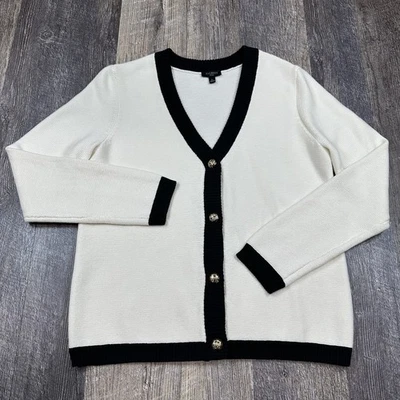 Talbots Womens Petite Small Cardigan Sweater Ivory Black Trim Gold Crest Buttons - Image 1 of 4
